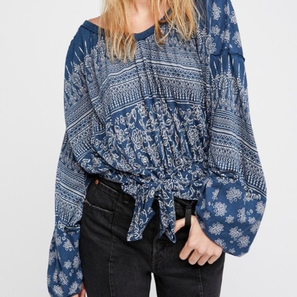 Free People Flowy Boho Blue Long Sleeve Top - Picture 3 of 5